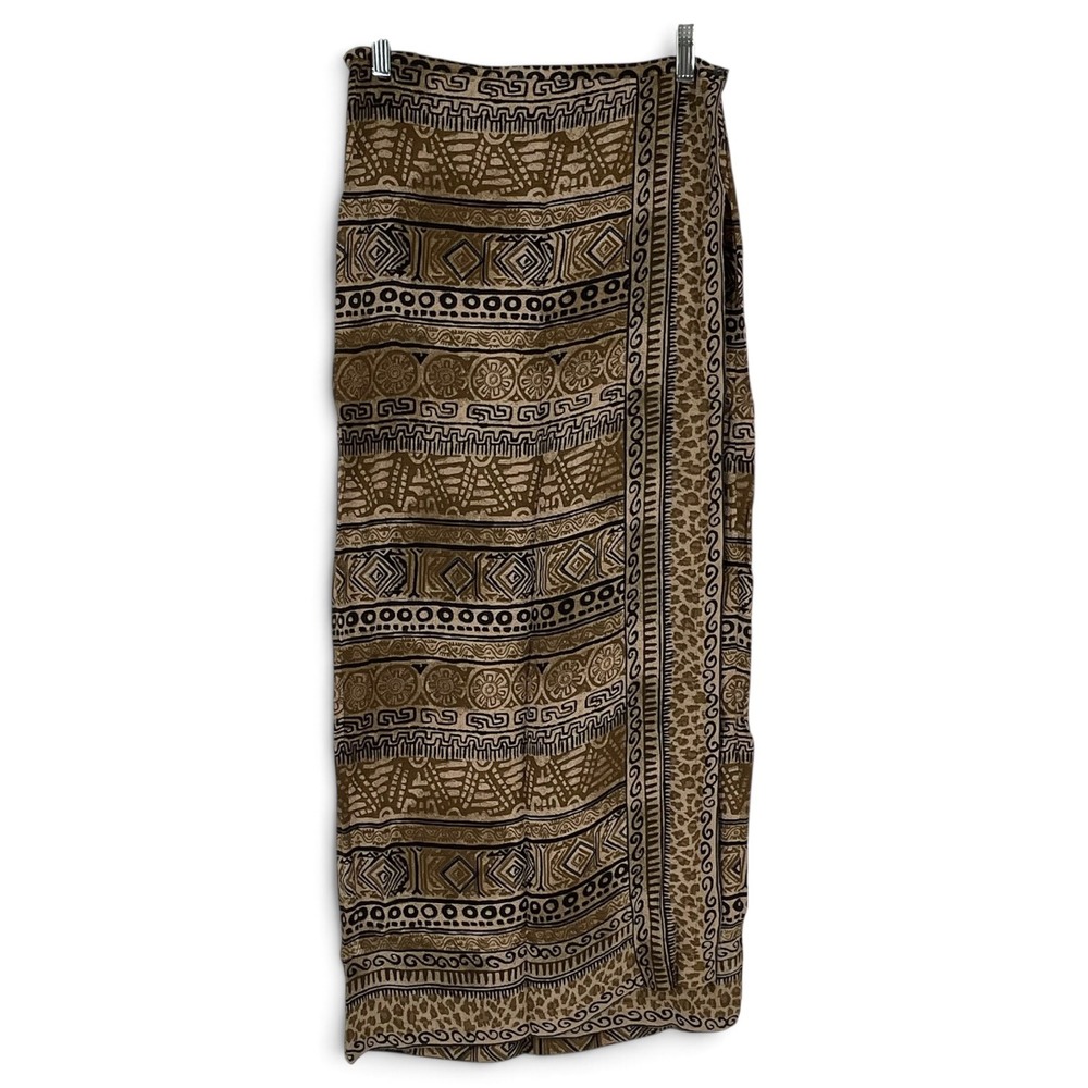 Chicos Design Brown Tribal Geometric Rayon Maxi Skirt Size 1 Wrap Front Boho